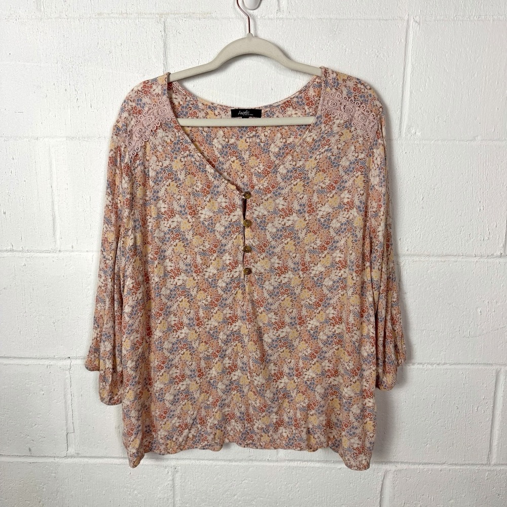 Angels Floral Peasant Popover Top Plus Size 2X Gauzy Lace BoHo Romantic Dainty